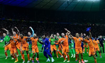 Netherlands players celebrate after the UEFA Euro 2024 quarter-final